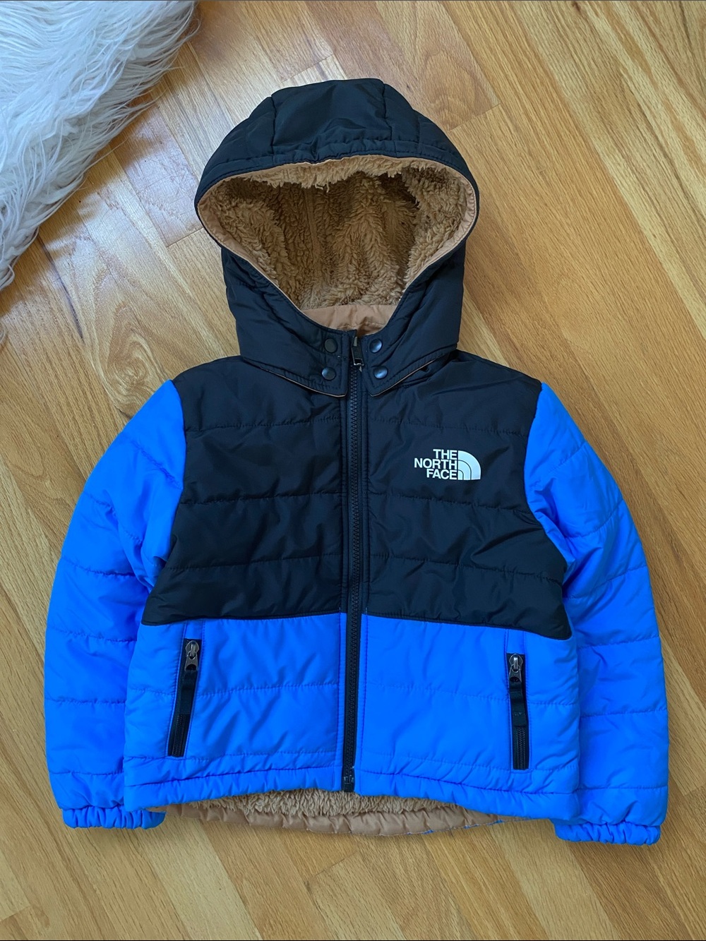The North Face Reversible Black and Blue Hooded Puffer Fleece Jacket Sz XS